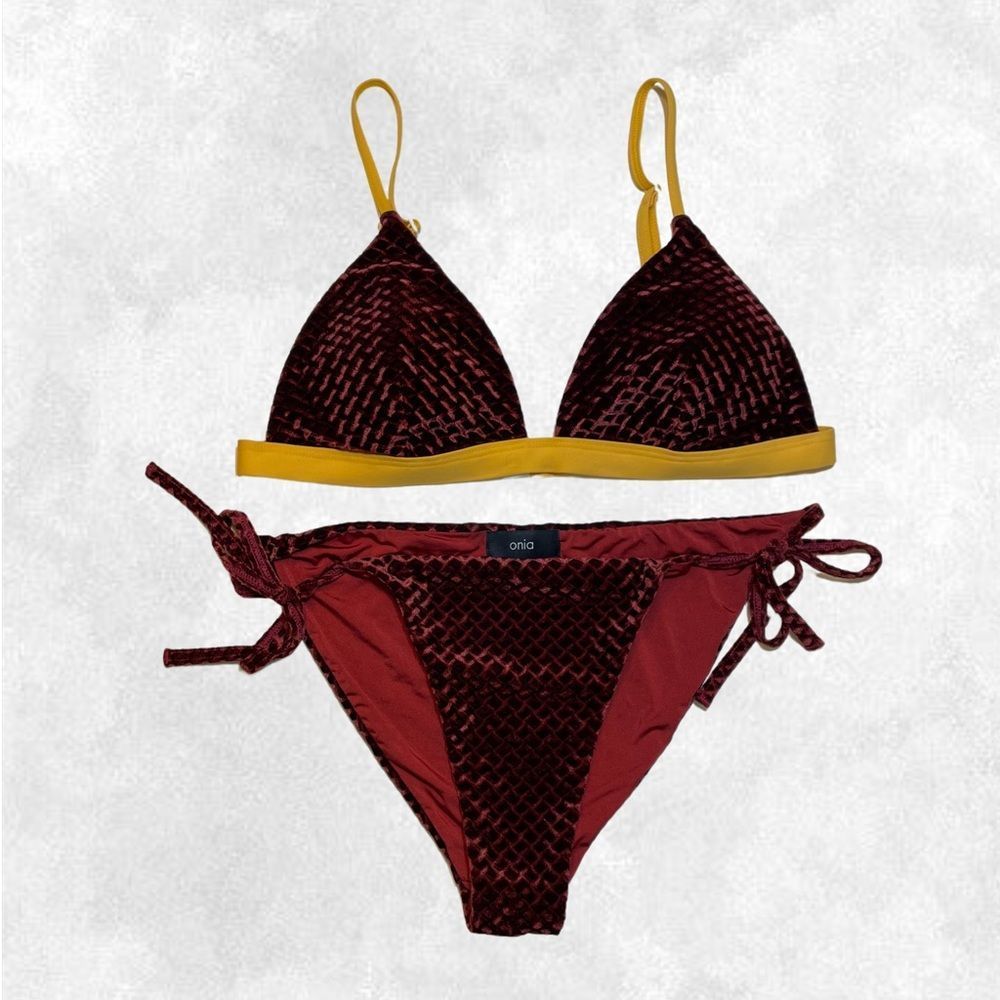 Onia Burgundy Red Velvet & Yellow Contrast Textured Velvet Triangle Bikini